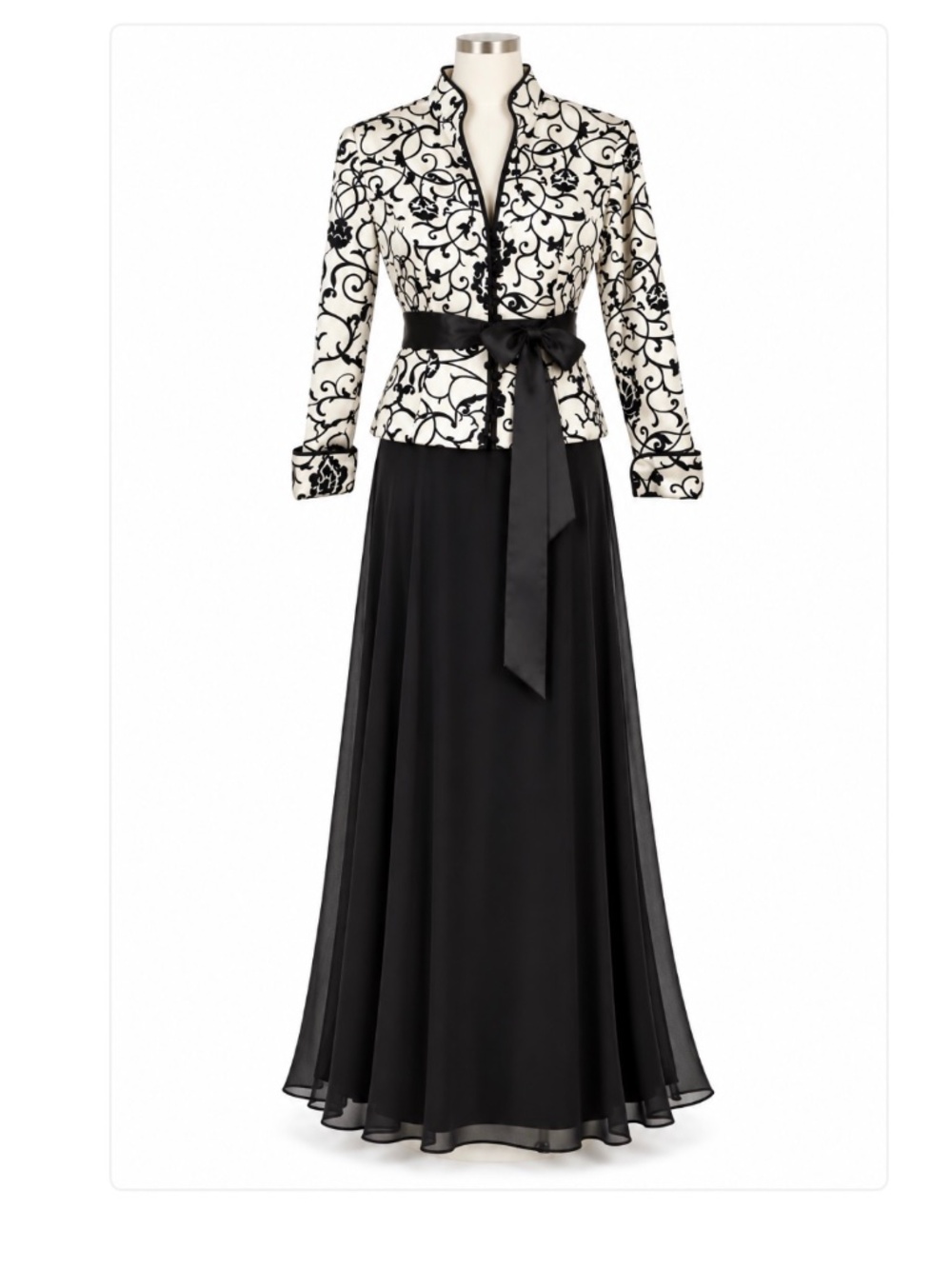 JS Collections 2-Piece Black & Ivory Oriental Print Jacket and Skirt 14